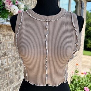 Storia Tan and White Ribbed Crop Tank Top